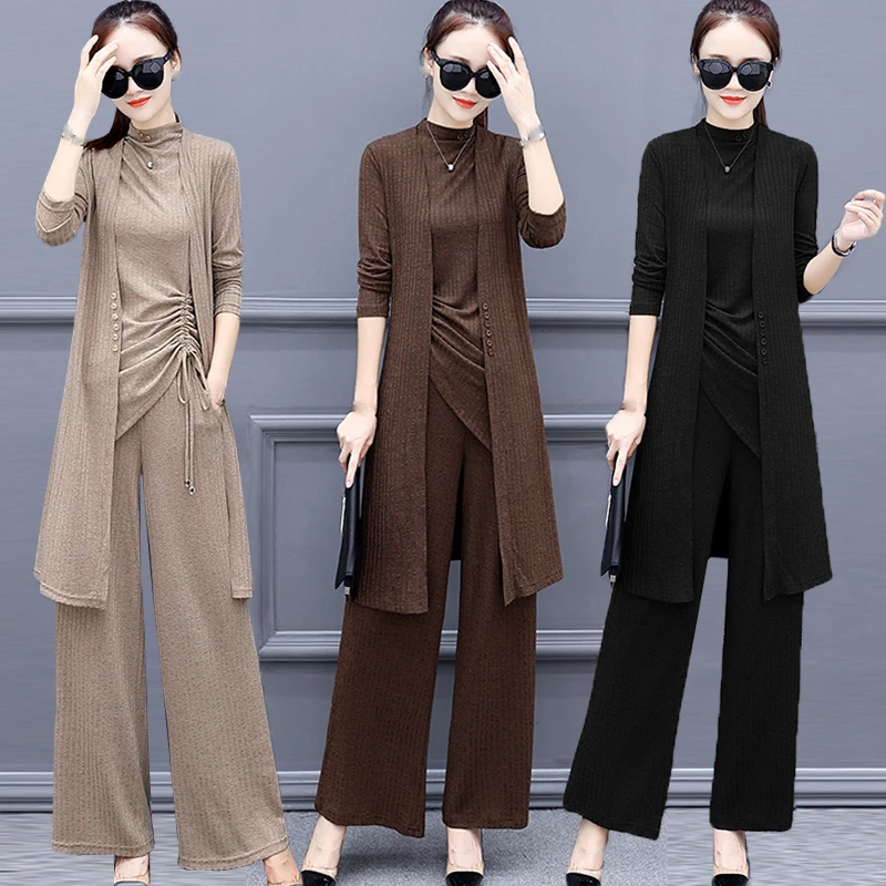 

3 piece set women high quality Korean Leisure fashion Solid color Large size knitting Comfortable Loose Wide leg pants+Top+Vest