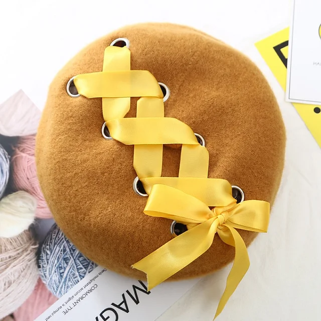 VISROVER New Sweet Cute Berets Women Winter Hats Soft Macaron color Ribbon Woolen Lolita Beret classical Soft Straps Cross Bow yellow