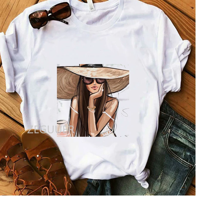 

Vogue Girl T-Shirt Summer Seaside Women T-shirt 100% Cotton White Tees Lady Soft Casual Tops Illustration Streetwear Clothing