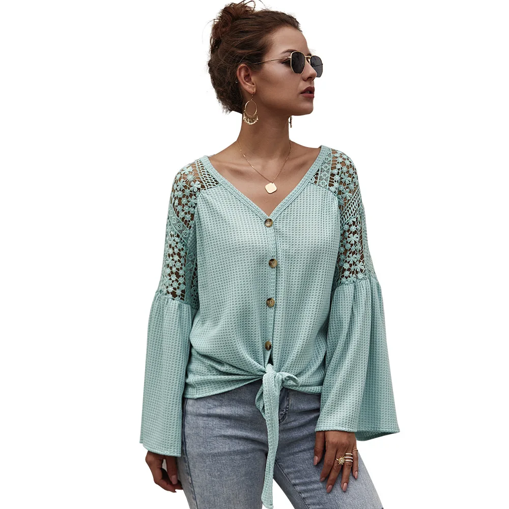 

Deep V neck women sweater Autunm Long Flare Sleeve Button Cardigans Casaul Lace Hollow out tied front knitted sweater women tops