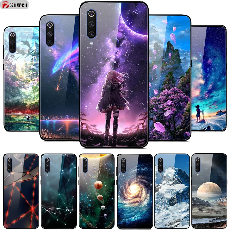 Tempered Glass Case For Xiaomi Mi 9 Case Space Flower Cover For Xiaomi mi9 Case Silicone Bumper Coque For Xiaomi mi 9 Cover Capa