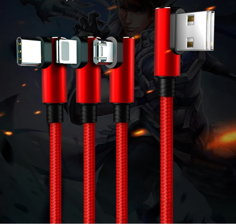 

90 Degree L USB 3.0 Cables For iPhone xr Micro USB Cable Type C 3 in 1 Multiple charging Nylon Cable For Samsung Xiaomi Huawei