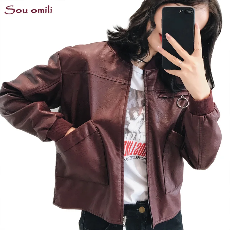 

Wine Bomber Women Leather Jacket Big Pocket Punk metal Black Faux White Jacket Moto Coat jaquetas couro Casaco chaqueta circle