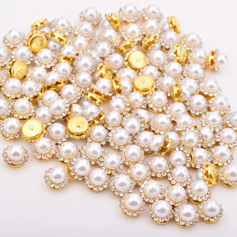  JUNAO 8 10 12 mm Sewing White Pearl Rhinestone Gold Applique Round Flower Crystal Stone Sew On Diam - 33013710034