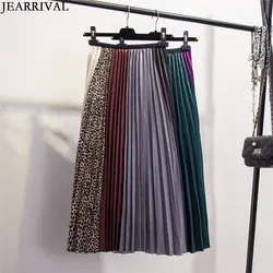 JEARRIVAL Высокая Талия Для женщин Длинная юбка Европейский модный пэчворк Винтаж онлайн плиссированные юбка весна-лето Повседневное юбки Saias