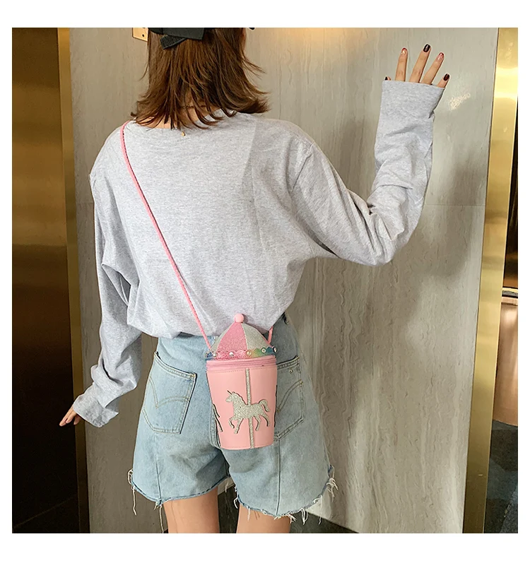 Милый розовый карусель дизайн ведро из искусственной кожи для молодых девушек Повседневная Сумка-клатч через плечо женская сумочка клатч
