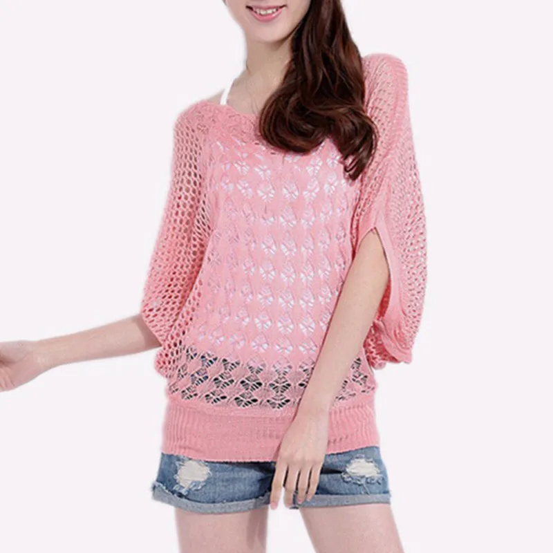 

Fashion Knitted Openwork Sweater Women Spring Summer Loose Half Batwing Sleeve Hollow Pullover Jumper Sweaters Large Size