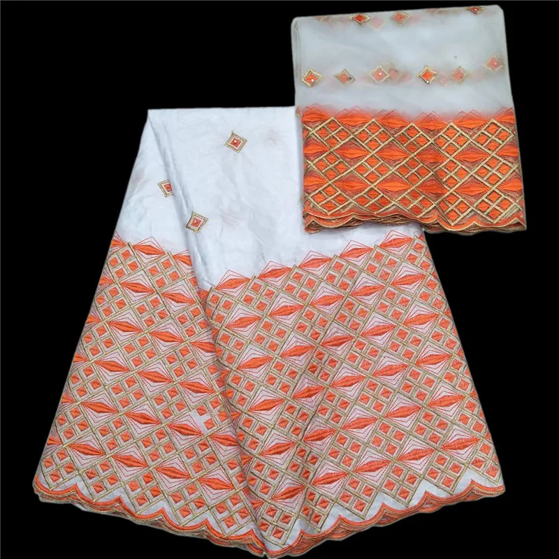 Последние золотой и оранжевый четырехугольник узор платье Ткань 5 ярдов Базен Riche и 2 метров чистая кружева KY32 белый воск кружевная ткань