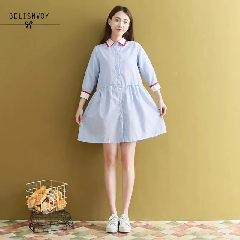 

Mori Girl Summer Dresses Women Three Quarter Casual Loose Striped Blue A-Line Vestidos Sweet Female Sashes Shirt Mini Dress