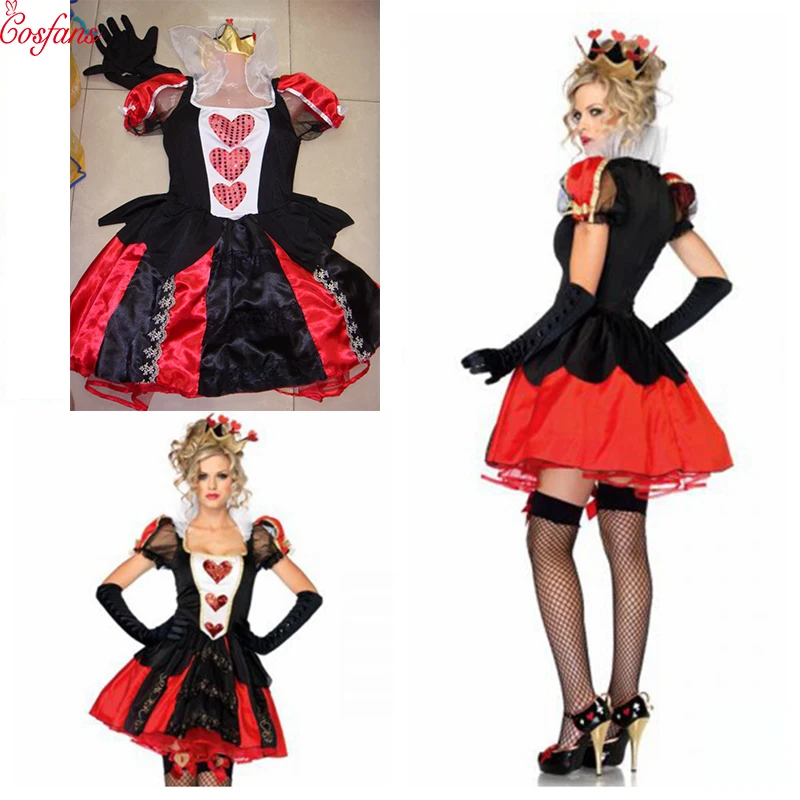 

Alice In Wonderland Cosplay Costume Queen Of Hearts Costume Red Queen Costume Female Elegant Dress Cosplay Dress gloves headwear