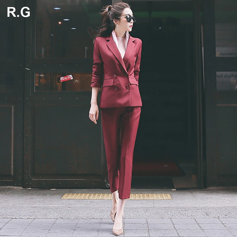 

RG Elegant Pant Suits Women Casual Office Business Suits Formal Work Wear Sets Uniform Styles Double Breast Blazer Pant Suits