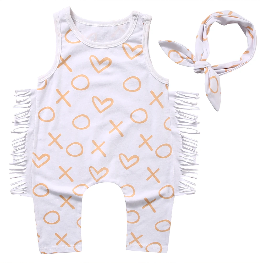 

2018 New Fashion Newborn Baby Girl Clothes Summer Sleeveless Tassel Romper Playsuit Headband 2PCS Outfit Toddler Kids Clothing