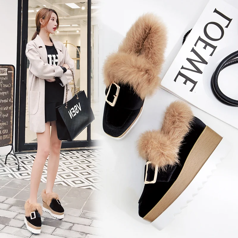 

2019 Cool Women 7cm High Heels Rabbit Fur Pumps Luxury Design Chunky 4cm Platform Brogues Lady Fetish Brand Buckle Shoes YCH-6