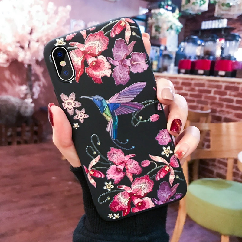 

Cute Embroidery Phone Case For iPhone 7 7 Plus X XS XR Luxury Magpies Cover For iPhone 6 7 8 Plus Square Mobile Shell