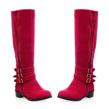 Для женщин сапоги до колена высокие сапоги на осень-зиму красная замша, низкий каблук, Дамская обувь в винтажном стиле с пряжкой, сапоги для верховой езды размера плюс botas mujer