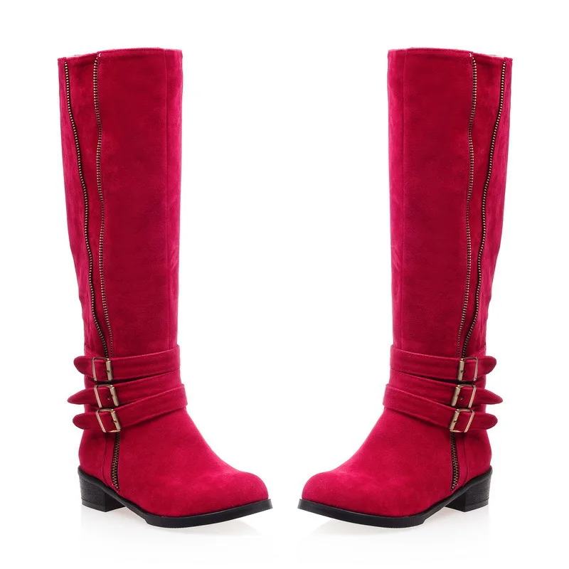 Women Knee High Boots Autumn Winter Red Suede Leather Low Heels Ladies