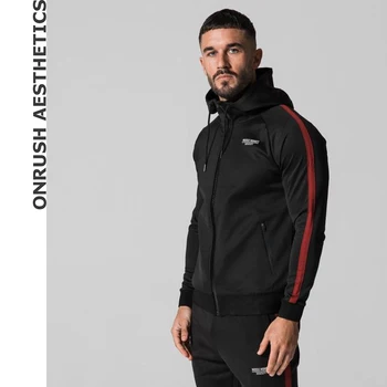 

Men Spring New Fitness Jogger Men's Zipper Hooded Sweatshirts Tops + Bodybuilding Workout Patchwork Sweatpants