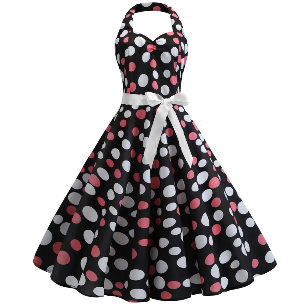 

2019 Retro Polka Dot Hepburn Vintage 50s 60s Pin Up Rockabilly Dresses Robe Plus Size Elegant Midi Dress Sexy Halter Party Dress