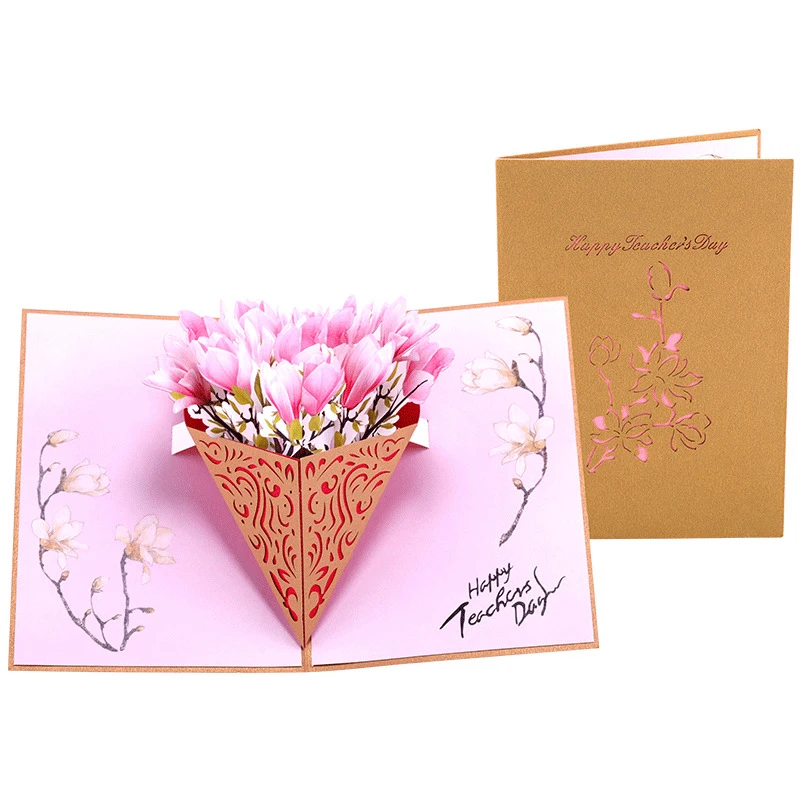  3D Laser Cut Handmade Hollowed Carving Happy Teachers' Day Pink Magnolia Paper Invitation Greeting  - 32908241804