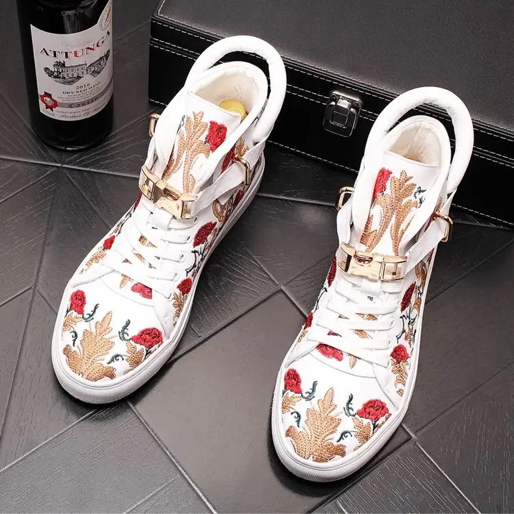 

ERRFC New Arrival Fashion Men White Casual Comfort Shoes High Top Embroidered Flower Flat Platform Leisure Shoes Man Hip Hop 43