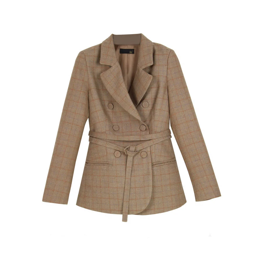 

Women's spring and autumn black double-breasted lattice suit jacket female belt long section of women's coat Suit coat Blazer