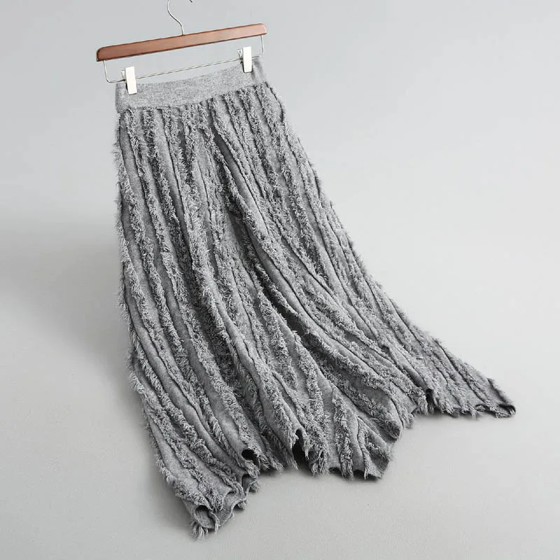 J818 шикарный тонкий пояс перо кисточки деко большой низ вязаная юбка для женщин нерегулярная длина зонтик свитер юбки трикотаж