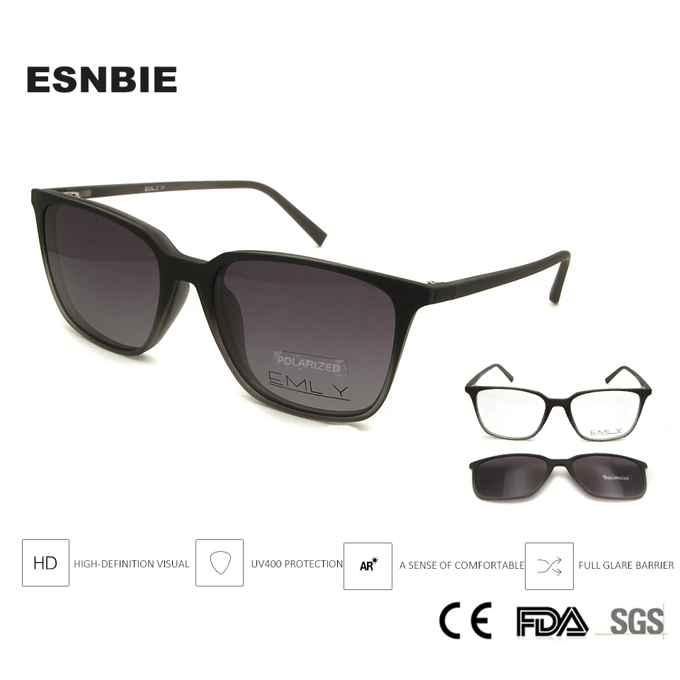 

ESNBIE TR90 Ultra-Light Black Nerd Glasses Men Clip On Sunglasses Polarized Women Magnets Tr90 Lunette De Vue Homme