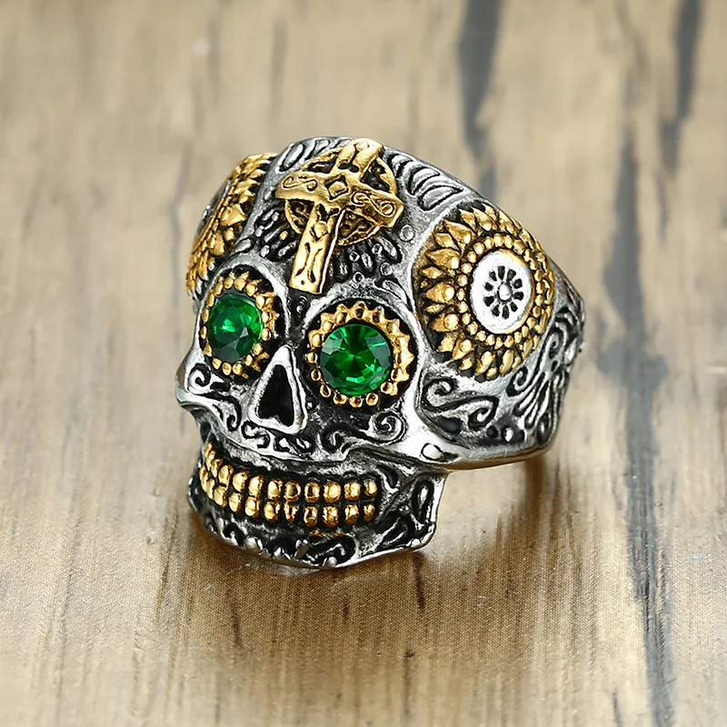 

Gothic Mexican Sugar Skull Rings for Men Rock Punk Green Rhinestone Eyes and Gold Tone Teeth Cross Male Boy Biker Gifts