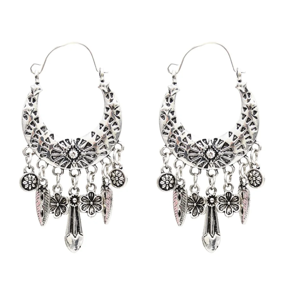 

Tibetan Gypsy Carved Flower Feather Shaped Hoop Earrings Boho Fringe Silver Metal Long Tassel Turkish Statement Earring Brincos
