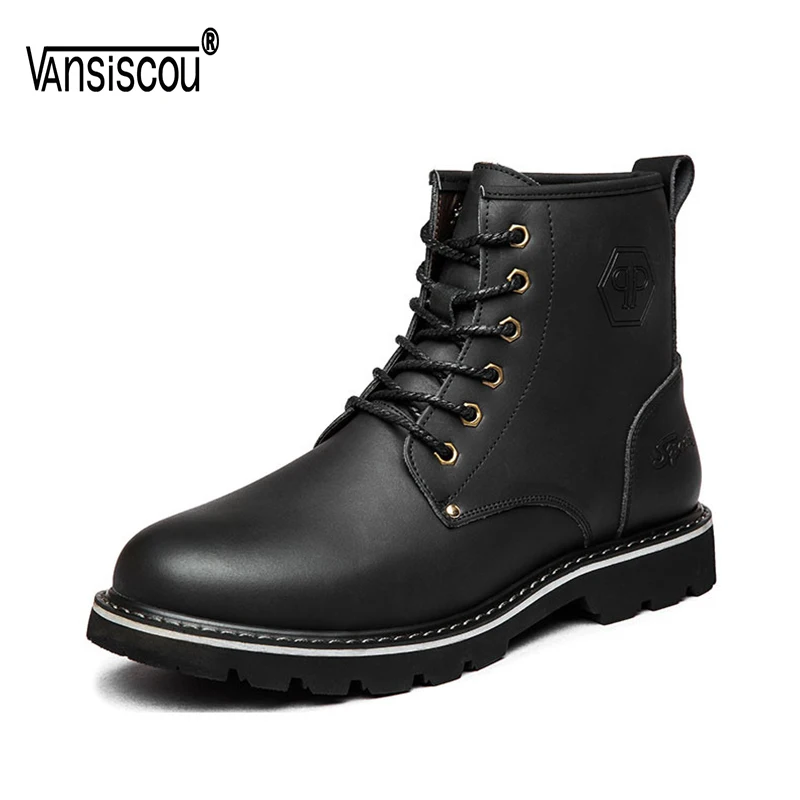 

VANSISCOU Men Ankle Boots Shoes Winter Fur Waterproof Genuine Leather Lace-Up Military Boots Martin Motorcycle zapatos mujer