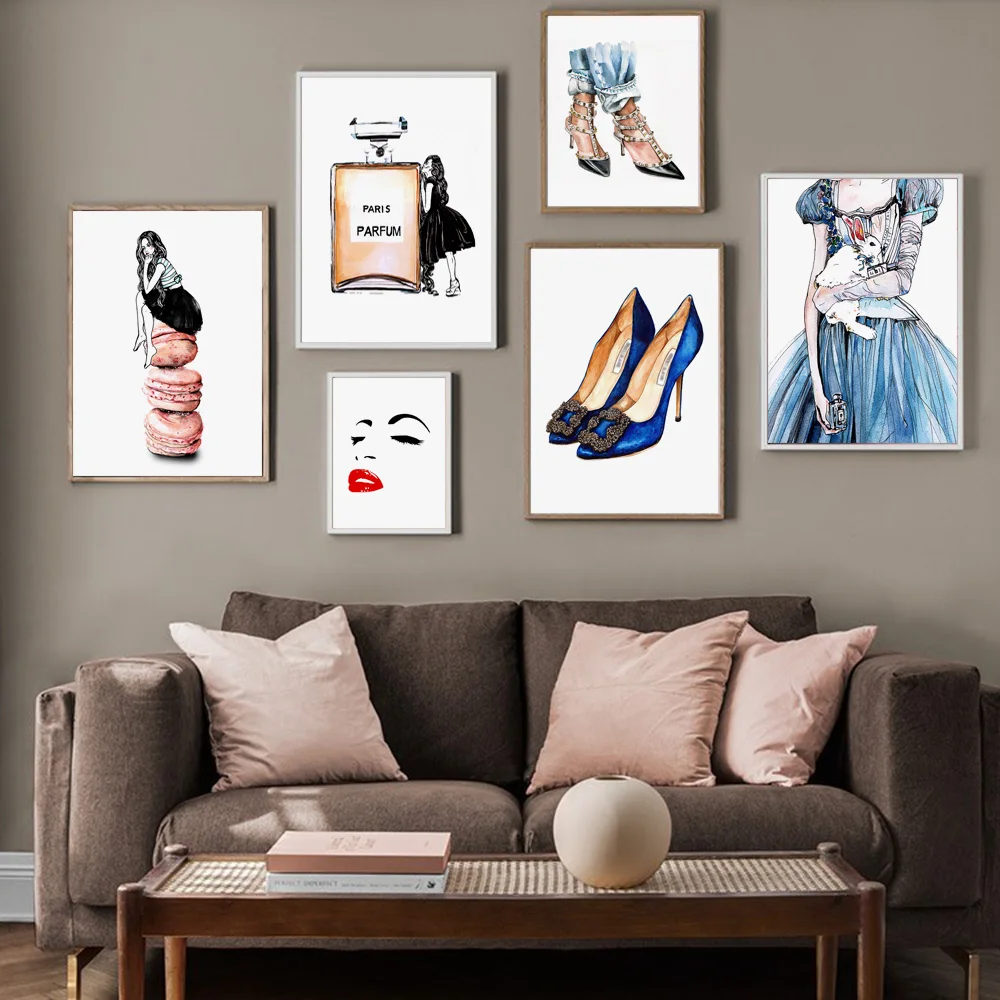 

Fashion Girl Face Paris Perfume High Heels Wall Art Canvas Painting Nordic Posters and Prints Wall Picture for Living Room Decor