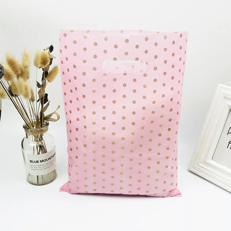 

25x35cm Pink Lace Gold Dot Plastic Handle Bags Christmas Gift Clothing Packaging Plastic Gift Bag With Handles 50pcs