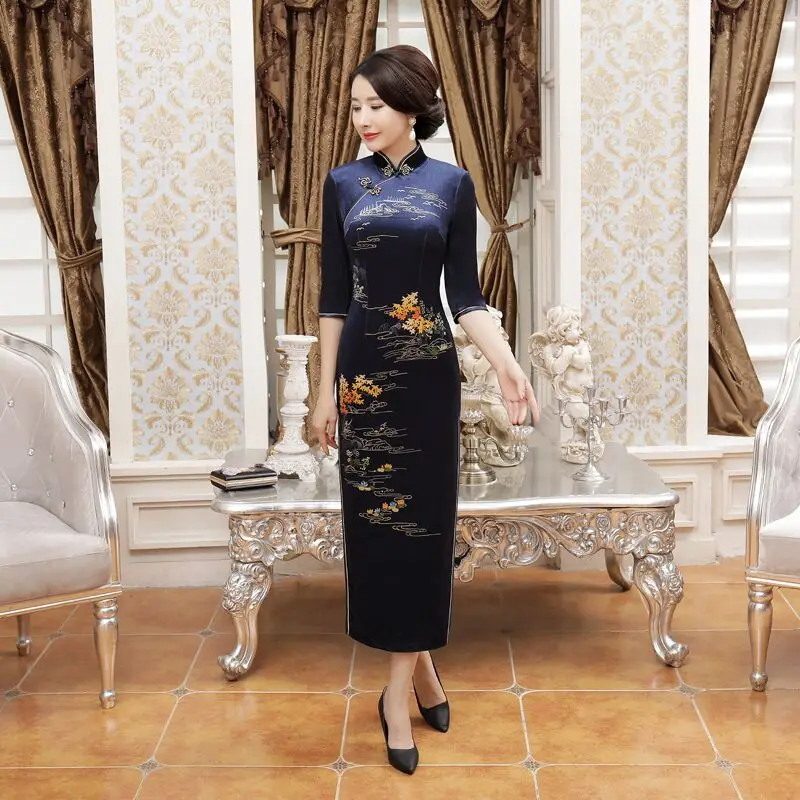 Новое поступление, женское велюровое длинное платье Cheongsam, модное платье в китайском стиле, элегантное платье Qipao Vestido, Размеры S M L XL XXL XXXL 4XL T0043 - Цвет: T0043