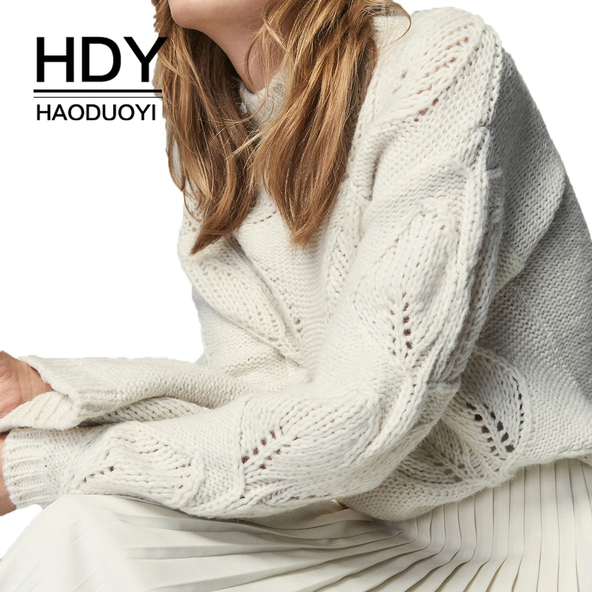 HDY Haoduoyi Новое поступление бежевый вязаный ажурный Свободный пуловер с полуворотником свитер осеньЗима