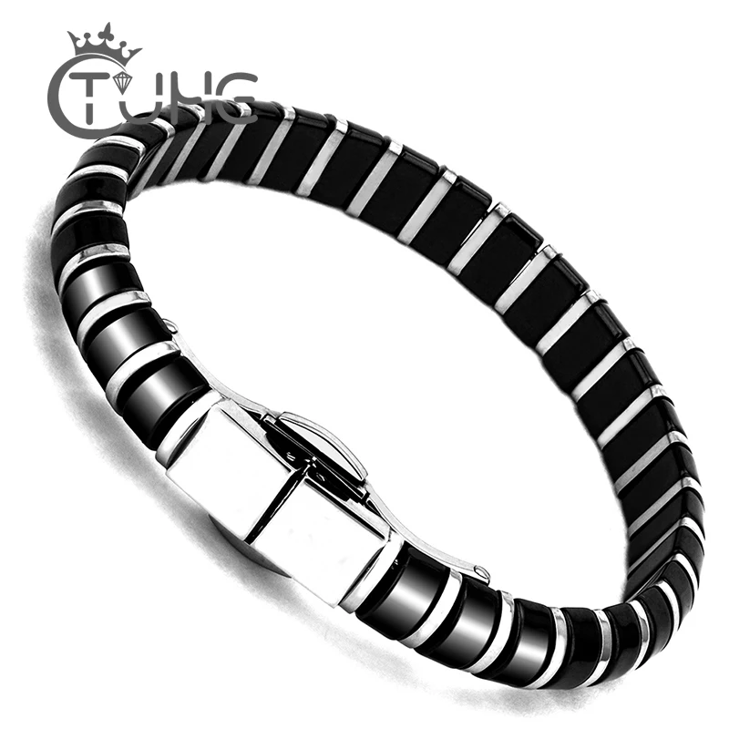 Черно-белый керамический браслет из нержавеющей стали с пружинными застежками для мужчин и женщин, здоровый материал, керамический браслет, вечерние, подарок