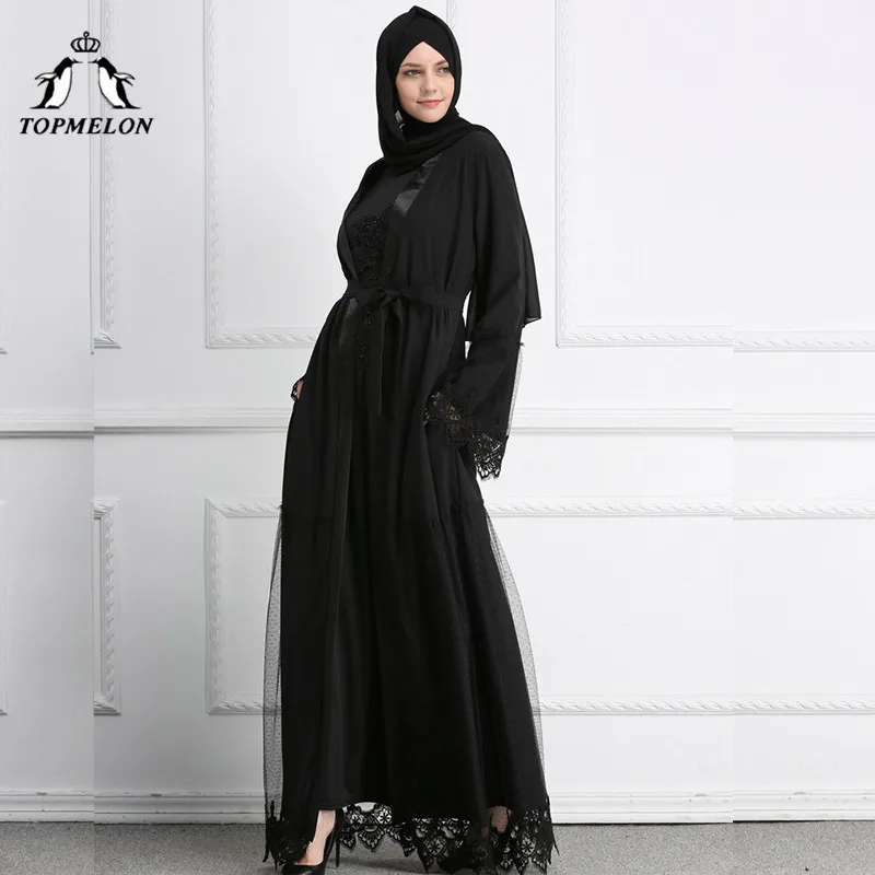 TOPMELON элегантные Бангладеш Дубай Абаи для женский, Черный Кружевное длинное мусульманское платье мусульманская одежда открытые Абаи s