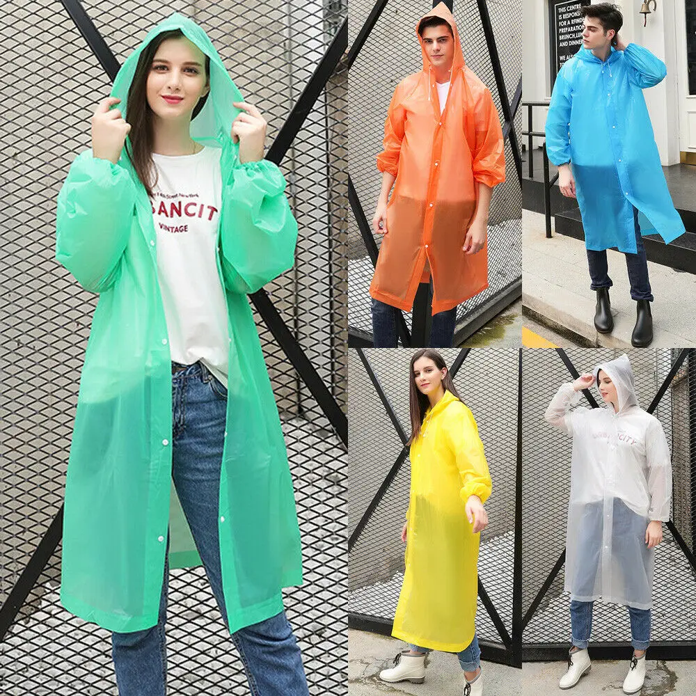 

Adult Raincoat Clear Transparent Waterproof Plastic Reusable Rain Poncho Hood Lady Men Travel Camping Rainwear Suit