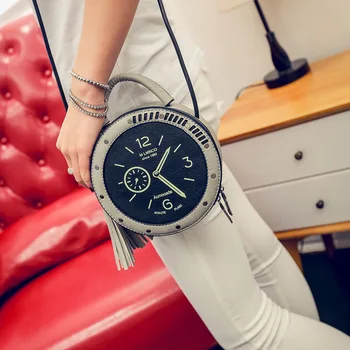 

2017 New Fashion Retro Tassel Small Round Clock Circle Purse Personality Watch Women Rivet Handbag Messenger Bag for Girls Gift