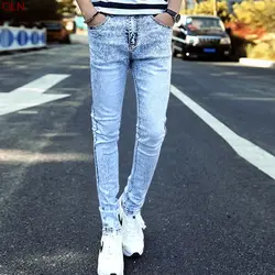 2018 молодежь эластичный человек снежинки джинсы светло-голубой ноги штаны для девочек под платья и туники