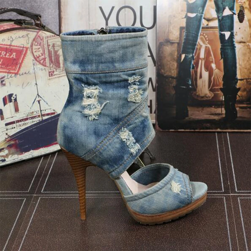 Винтажные женские босоножки из джинсовой ткани с открытым носком на тонком высоком каблуке Женская летняя обувь с открытым носком в стиле ретро г. Новинка, сандалии