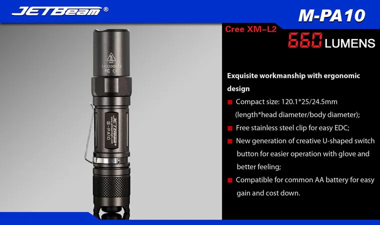 JETBEAM M-PA10 Cree XM-L2 светодиодный M PA10 660 люмен фонарик совместим с батареей 14500 AA