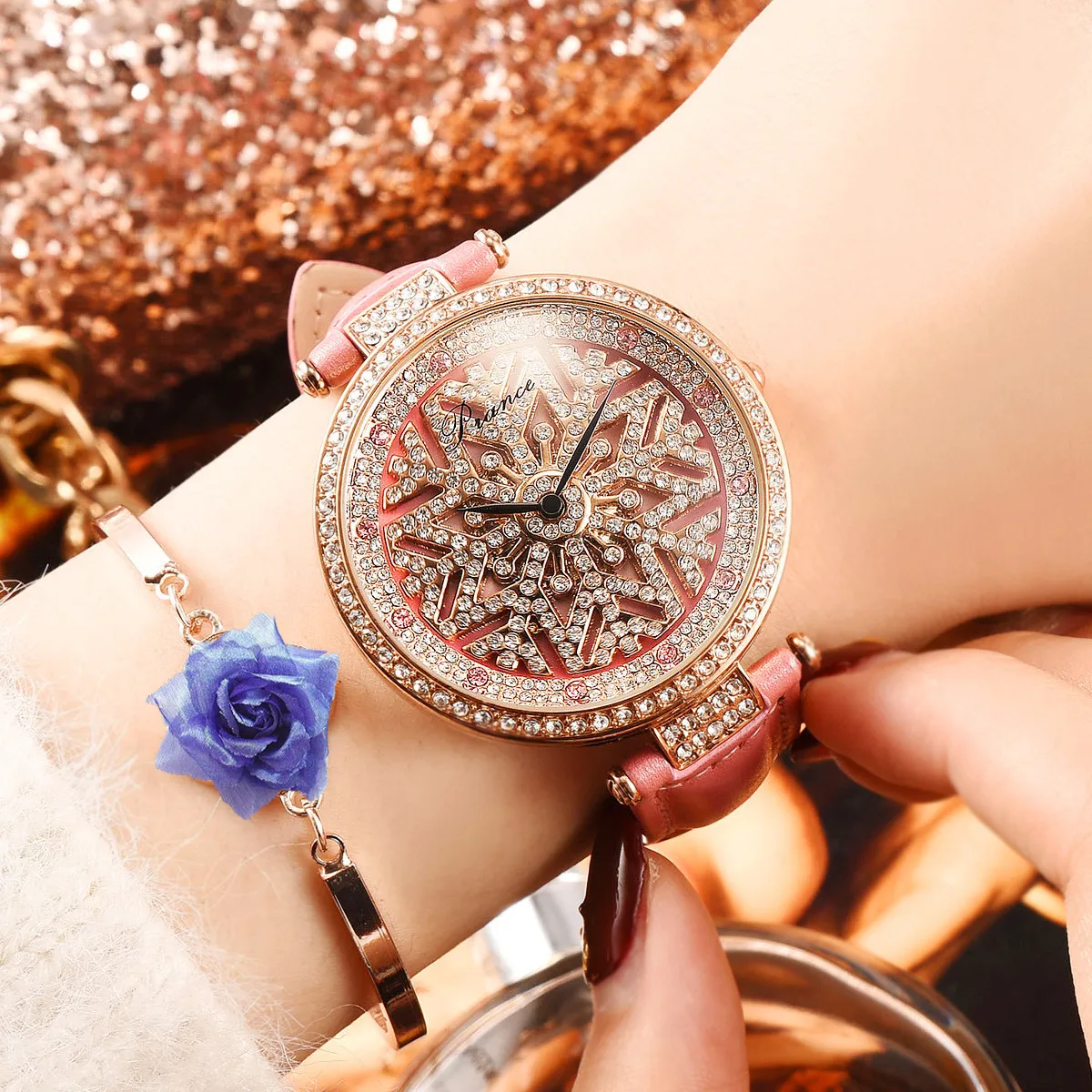 Роскошные водонепроницаемые кварцевые часы, женские модные часы с вращающимся циферблатом, снежинка, бриллианты, Relogio Feminino, дропшиппинг