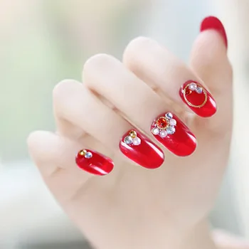 

24pcs/set Round Head Full Cover Artificial Nails Girls Pretty Wine Red Color Fake Nails Bride Shining Rhinestone False Nails