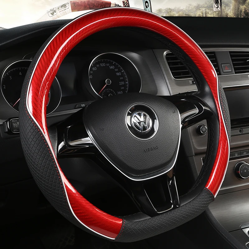 

KKYSYELVA D Shape Auto Car Steering Wheel Cover Leather 38CM Steering-Wheel covers Interior accessories