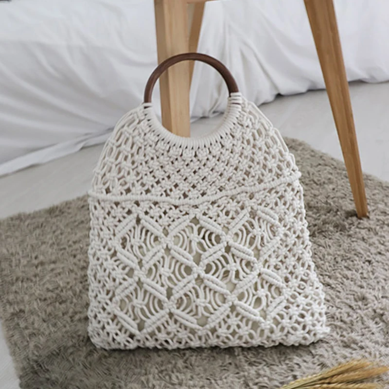 Cotton Fabric Crochet Woven Tote Bag with Wood Handles - China