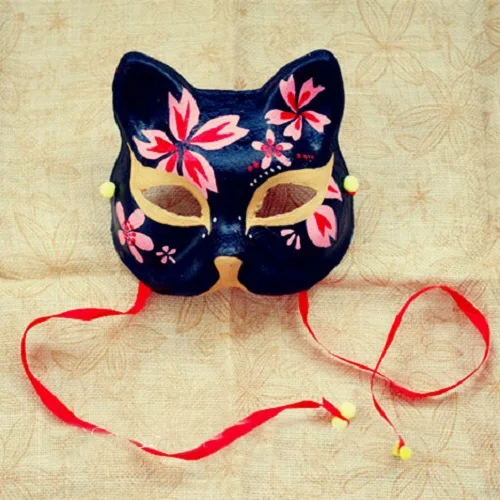 

Half Face Hand-Painted Fox Mask Kitsune Black Sakura Pattern Cosplay Masquerade for Party Halloween Cartoon Character Costumes