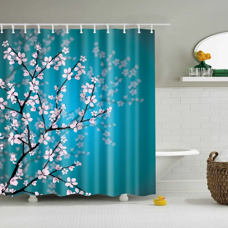 

Fabric Bathroom Decor Shower Curtain Pink Blossoms Decor Leaves And Plants Spring Flowers In Garden Park