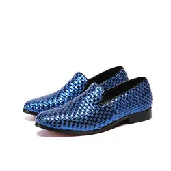 Классические мужские деловые туфли из натуральной кожи синего цвета, мужские повседневные Лоферы без шнуровки, плетеные Роскошные