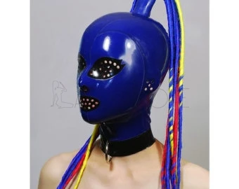 Sexy-Blue-Nature-Latex-Fetish-Hoods-Mask-Open-Pinhole-Eyes-Mouth-with-Hair-Tube