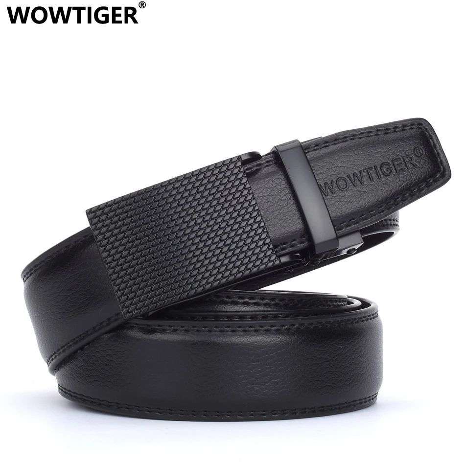 

WOWTIGER Fashion Designer Sliding Buckle Ratchet Luxury Leather Strap Men belt Automatic Belts for Men ceinture homme